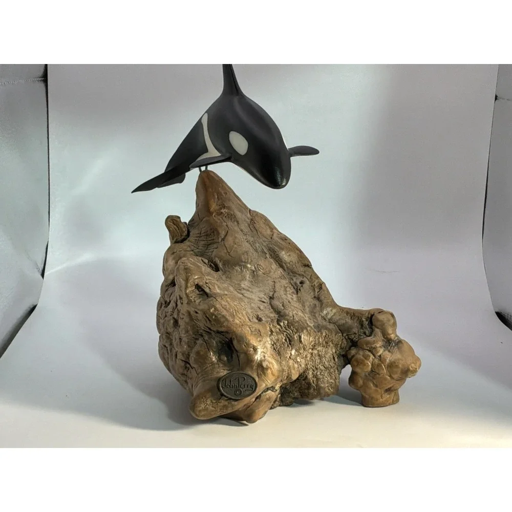 John Perry Diving Killer Whale Orca Burl Wood Base